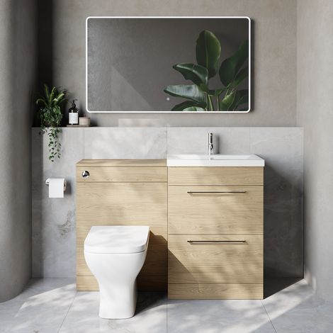 Napoli 390 Cento Light Oak 1200mm 2 Drawer Vanity Unit Toilet Suite with Glide Basin - 1200mm - Chrome 320mm HandleWith Kingston Toilet Pan and Seat