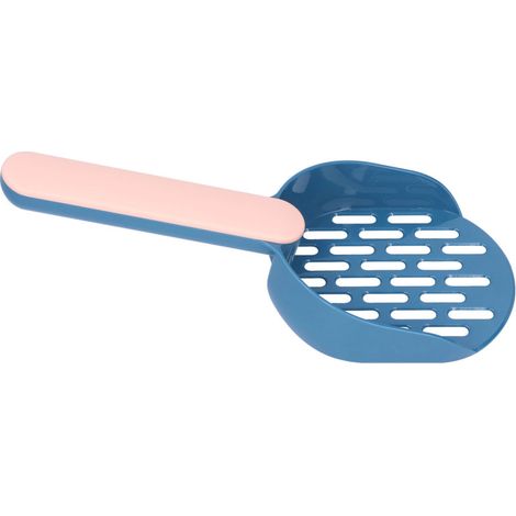 Pala de plástico grueso para arena de gatos, ideal para limpiar areneros de animales pequeños. Azul y rosa.