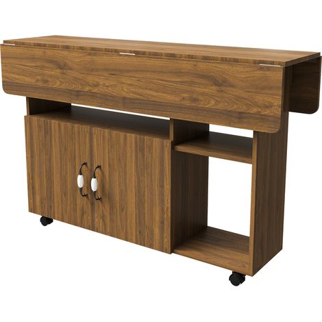Table pliante mobile 110x70x80cm, 5 étagères intégrées, 5 roulettes, gain de place, effet noyer clair, plateau fonctionnel et structure légère (1/5)