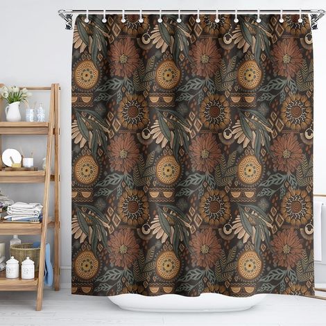 Rideau de douche floral boho Design vintage William Morris en marron, pêche poudré, vert Tissu décoratif rétro, séchage rapide avec 12 crochets 180x180cm (1/5)