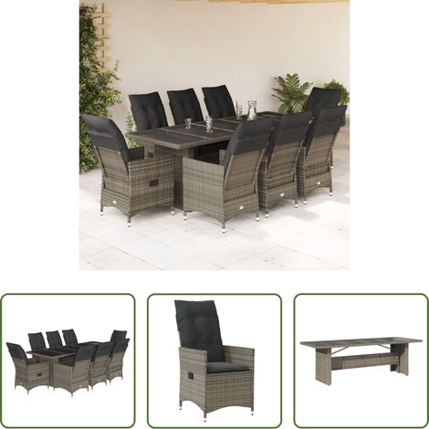 vidaXL Relaxsessel - 9-tlg. Garten-Bistro-Set mit Kissen Grau Poly Rattan (1/5)
