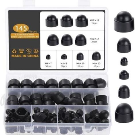 145 Pièces Cache Ecrou, M4 M5 M6 M8 M10 M12 Cache Boulon Noir Bouchon Ecrou Cache Tete de Vis Capuchon Ecrou, Hexagonal Protection Cache pour Écrous Vis Boulons