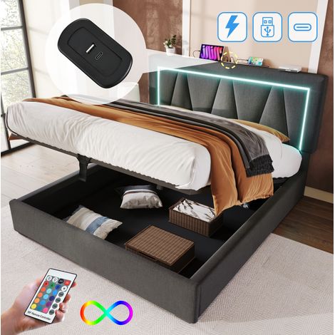 Letto 160x200 cm con LED, USB-C, testiera regolabile e contenitore, grigio, REDOM (1/5)