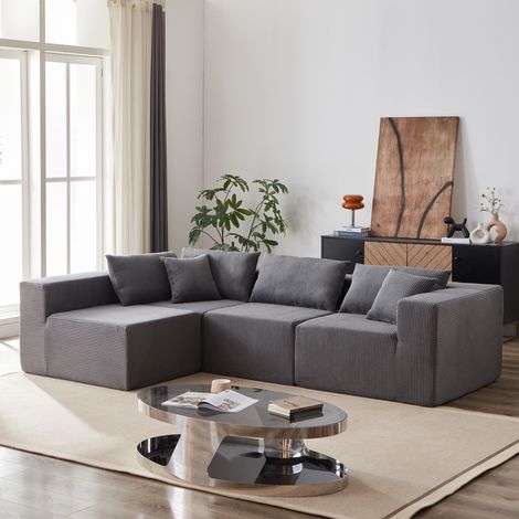 MODFU – Canapé d'angle modulaire velours côtelé – Assise large et sans montage – Mousse et ressorts – Salon – Gris (1/5)
