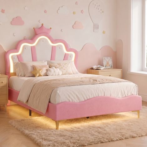 Lit rembourré enfant 140x190 cm, Lit princesse de conte de fées avec LED tête de lit et sous le lit, Cadre de lit en simili-cuir PU en forme, Rose (1/5)