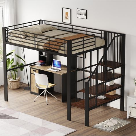 Hochbett 140x200 cm schwarz aus Metall und Holz mit Stauraum, Treppe und stabilem Rahmen (1/5)