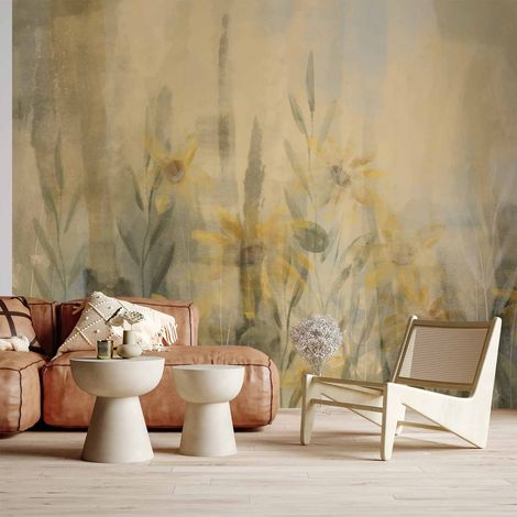 Papier peint photo - Une touche d'été - un motif végétal représentant une prairie fleurie de fleurs jaunes et d'herbe. (1/5)
