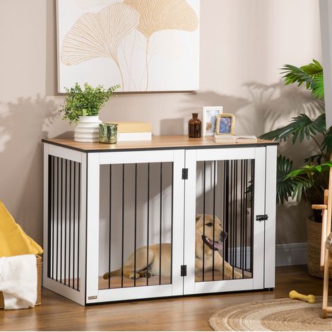Gabbia per cani da interno in legno e acciaio, 106x60x76 cm, bianco e legno, con chiusura (1/5)