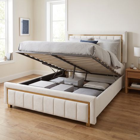 Lit coffre 140x190 cm, lit double adulte avec sommier, velours, style élégant avec bordure dorée, Beige (1/5)