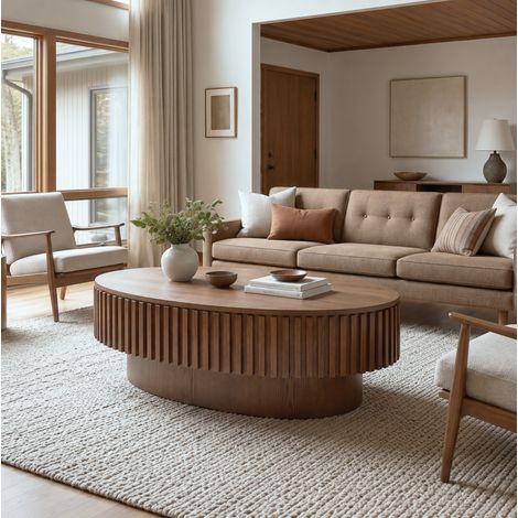 Mesa de centro ovalada 98x60x35 cm MDF nogal con almacenaje oculto - MEUBLIV (1/5)