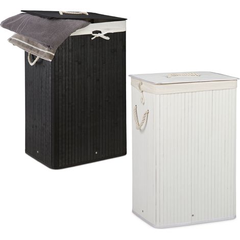 Relaxdays 2x Laundry Basket Set, Bamboo Clothes Separator System, Hamper and Removable Linen Bag, 83 L each, Black/White (1/5)