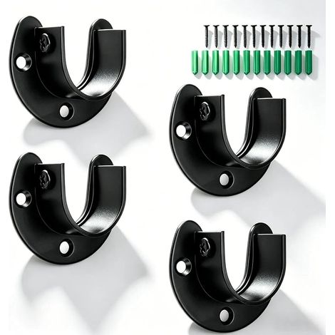 4 Pièces Support Tringle Rideaux Noir, Support Barre Penderie en Acier Inoxydable, Pose Tringle Penderie avec un Diamètre Intérieur de 26 mm, Accessoires Complets, Convient pour La Garde-robe