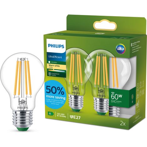 ampoule LED Ultra Efficient classe A, culot E27, transparente, équivalent 60W, blanc chaud 2700K, verre, lot de 2 (1/5)
