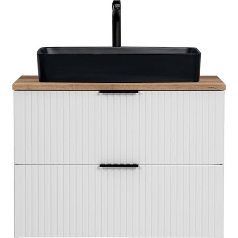 Waschtisch 80cm mit schwarzem Aufsatzbecken, weiß mit Eiche Nb., Front gerillt, ADELAIDE-56-WHITE (1/5)