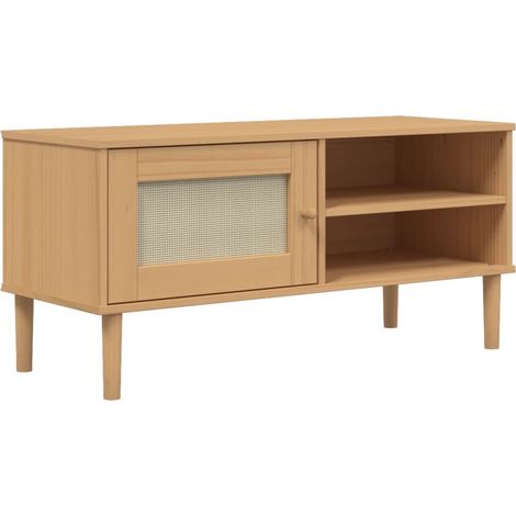 Mobile TV multimediale scaffale per televisione televisore buffet sala da pranzo soggiorno camera da letto effetto rattan 106 x 40 x 49 cm legno massiccio pino marrone 020028313