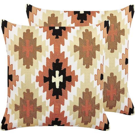 2 Coussins Boho en Coton à Motif Géométrique 50 x 50 cm Multicolore Serampore (1/5)