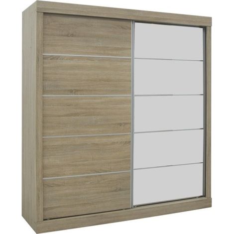 Armario MILS, ropero de 2 puertas correderas con espejo, acabado en roble sonoma, ideal para un dormitorio con diseño.