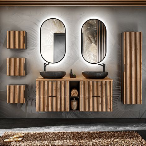 Conjunto mueble lavabo doble 140cm 2 compartimientos espejos LED columna y 3 armarios de pared Gaia Madera y Negro - Lav (1/4)