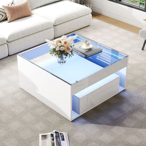 Table basse blanche laquée 70x70x35 cm, meuble d'appoint 2 tiroirs, console ajourée, bureau ou table à manger en verre trempé, éclairage LED intégré, style moderne (1/5)
