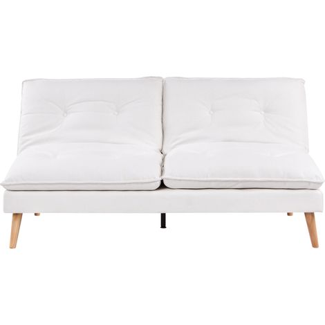 Sofá cama 3 plazas tapizado de tela sin reposabrazos mecanismo clic clac para dormir patas de madera acolchado blanco Yila