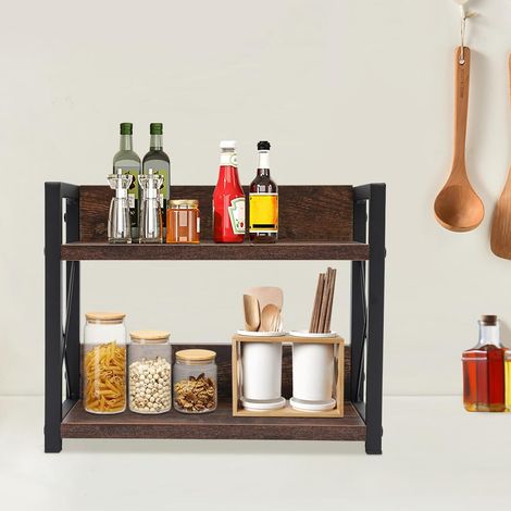 2 Etagen Küchenregal Arbeitsplatte, Holz Kaffeetassenhalter, Gewürzorganizer, Gewürzständer, Küchenorganizer, Spice Rack, Küchenschrank Regal, Standregal Geeignet, für Küche, Zuhause, Büro