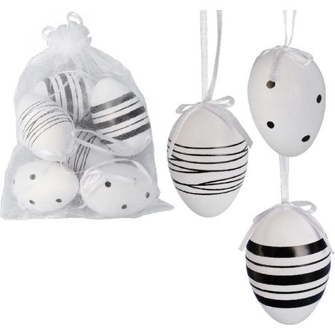 Ciondoli a forma di uovo in plastica, set da 6, 6 cm, bianco e nero (1/5)
