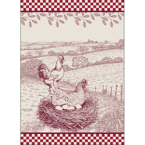 Torchon en coton poule campagne Rouge 50x70 cm