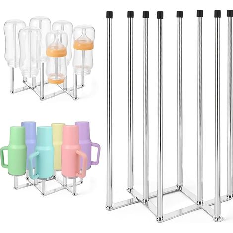 Scolabiberon e portabottiglie, supporto in acciaio inox con 8 aste con tappi in silicone, base pieghevole, scolapiatti e portabottiglie.