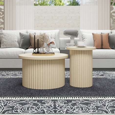 Ensemble de 2 tables basses rondes à l'aspect bois naturel et à la texture ondulée – Table d'appoint intégrée, idéale pour le salon, la chambre, le bureau ou la pièce d'étude.