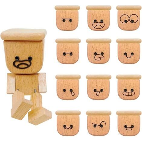 Figurine d'homme en Bois Secoué, Figurine D’Homme en Bois Tremblant, PoupéE en-Boiss Qui Secoue Les Pieds avec 12 Expressions MagnéTiques pour Car Dashboard Decoration de Bureau (1/5)