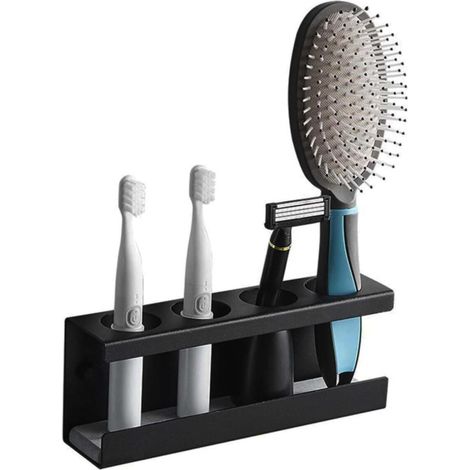 Support mural pour brosses à dents sans perçage, support pour brosses à dents électriques en acier inoxydable, noir, 4 trous, porte-brosses à dents et dentifrice (1/5)
