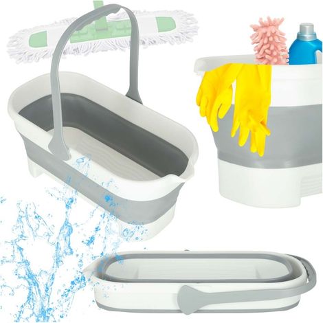 Seau rectangulaire en silicone avec poignée, pliable, 15 L, blanc/gris, pour le nettoyage (1/5)