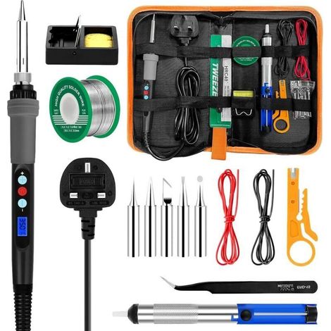 Kit saldatore da 90 W con display LCD, temperatura regolabile da 180 a 480 °C, 16 strumenti di saldatura elettrica in 1, filo di stagno, 5 punte per saldatura, pompa dissaldante, spelafili, supporto, 