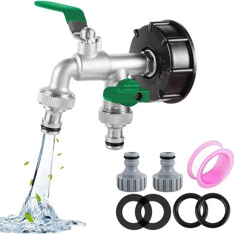 Robinet Cuve 1000L S60X6 IBC Raccord Robinet avec raccord de tuyau Robine double sortie 1/2"+3/4"Adaptateur de Réservoir en Alliage d'aluminium Robinet de Jardin avec Adaptateur en Plastique(vert) (1/5)