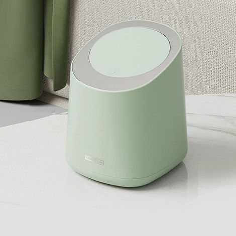 Petite poubelle de comptoir en plastique, avec couvercle à pression, idéale pour la salle de bain, la chambre, le salon ou la coiffeuse. Vert Morino. (1/5)