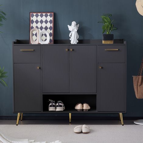 Scarpiera 130x37x100 cm nero in truciolare con 2 cassetti, 4 ante e piedini alti (1/5)