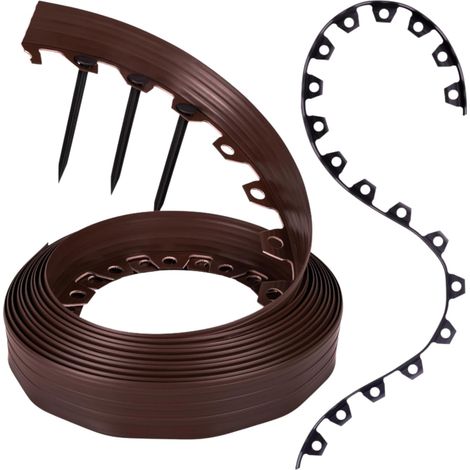 Flexible Rasenkante aus Kunststoff - wetterfest - abgerundet - Beeteinfassung - braun - 10 m - Spikes - Höhe: 5 cm - für Garten und Mähroboter geeignet (1/5)