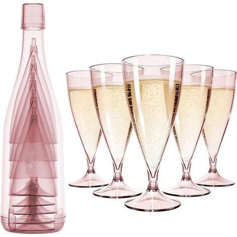 5 flûte da champagne in plastica trasparente, 155 ml, eleganti bicchieri da champagne in plastica riutilizzabili, adatti per matrimoni, compleanni e feste - resistenti e riutilizzabili, rosa