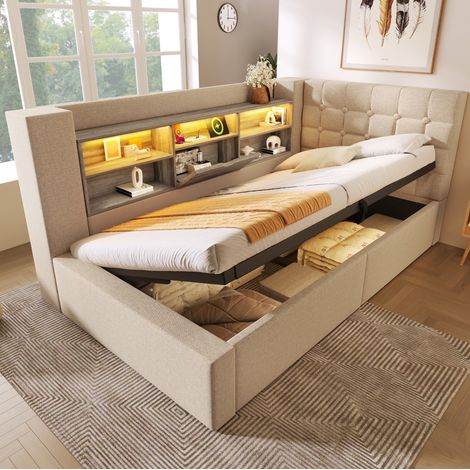 Letto imbottito moderno 90x200 cm in lino beige con testiera a L reversibile, vano contenitore idraulico, LED e USB (1/5)