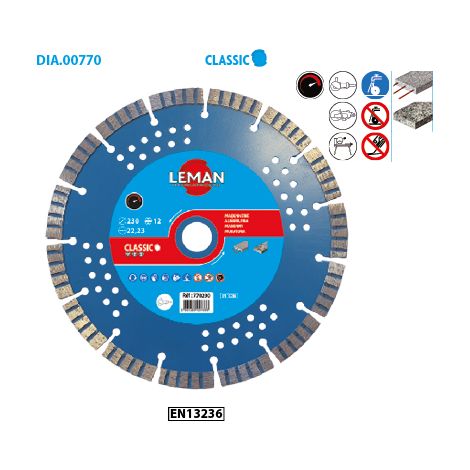 Leman – Disque diamant pour meuleuse D. 230mm – Alésage 22,23mm – Turbo fritté pour béton armé et acier – 770230