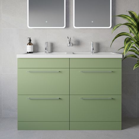 Napoli 390 Olive Green 1200mm 4 Drawer Vanity Unit with Double Lucia Basins - 1200mm - Chrome 320mm Handle