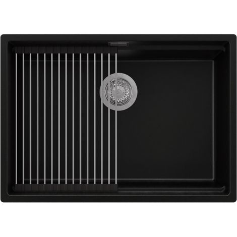 PRIMAGRAN Evier Cuisine en Granit 66x47cm,Lavabo 1 bac + Kit de Vidage + Égouttoir Enroulable, Évier à Encastrer au meuble 70cm - Prague Slim, Noir (1/5)