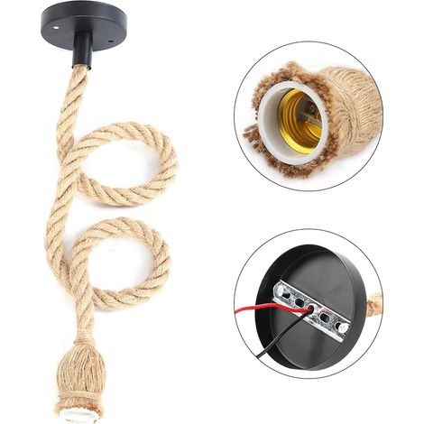 DIY-Hängelampenfassung aus Hanfseil, 1 m, mit Elektrokabel für E27-Glühbirne (1 Stück) (1/5)