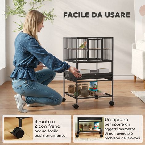 Cage aviaire noire 48x46x83 cm avec plateau et grille amovibles, étagère basse, acier et PP (1/5)