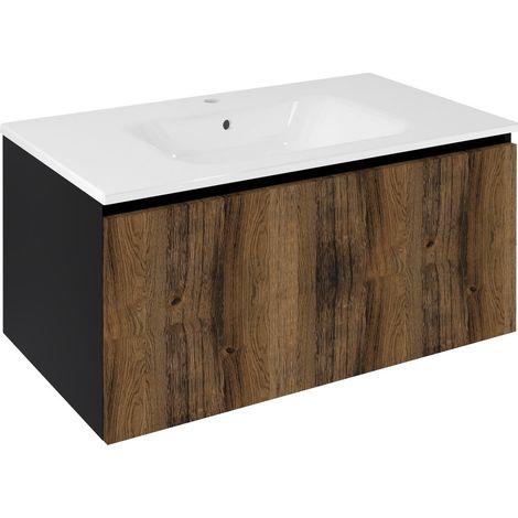 Meuble vasque LOREA 90x44x51,2cm, 1x tiroir, chêne collingwood/noir mat (1/4)