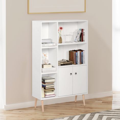 Skandinavisches Bücherregal, Maße 80 x 23,5 x 123 cm (L x B x H), 5 Regalböden, 2 Türen, konische, schräge Beine, Massivholz, Spanplatte, weiß