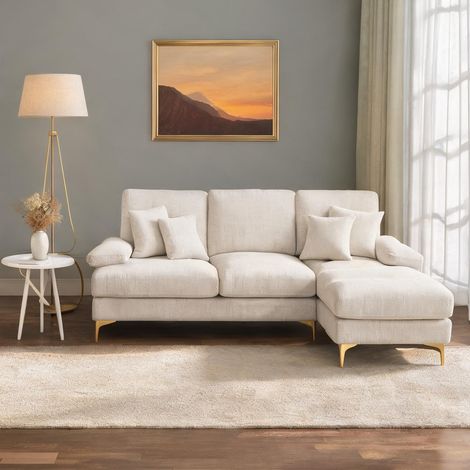 Canapé d'angle U en tissu chenille beige avec repose-pieds (1/5)