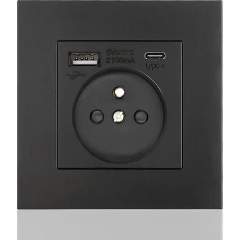 French 16A Type 86 Power Strip – 2 Sockets + 1 USB + 1 Type-C – Horizontal/Vertical Installation – Secure and Sturdy, Black Square - USB16A (1/5)