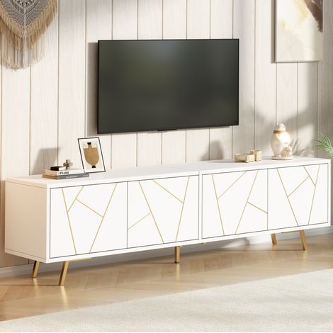 Meuble TV en panneaux de particules blanc et doré 190x40x51,5 cm, 4 portes, 5 pieds métal, pour TV jusqu'à 85 pouces (1/5)