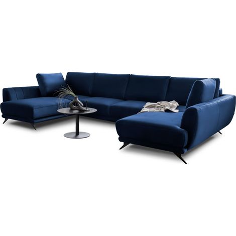 Canapé panoramique convertible LARGOS - Velours irrésistiblement douillet-Bleu nuit (1/5)
